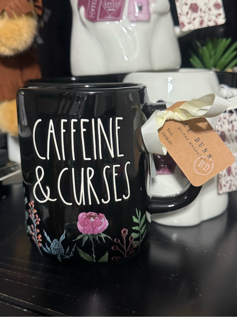 Rae Dunn "CAFFEINE & CURSES" Black Ceramic Mug with Floral Accents